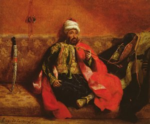 Een Turk rookt zittend op een sofa, ca. 1825